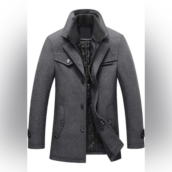 Jianyi Men's Winter Pea Coat Slim Fit Single Breasted Wool Jacket Size Large - Picture 2 of 10